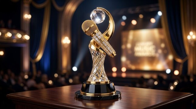 Microphone Trophy of Excellence: A gleaming microphone trophy, adorned with intricate designs and a crystal orb, sits proudly on a wooden podium before a blurred audience in an opulent theatre.