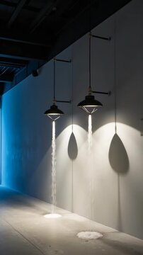 Art Installation with Water Falling from Industrial Pendant Lamps