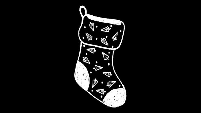 Hand-drawn white chalk Christmas gift sock ornament drawing on alpha 5