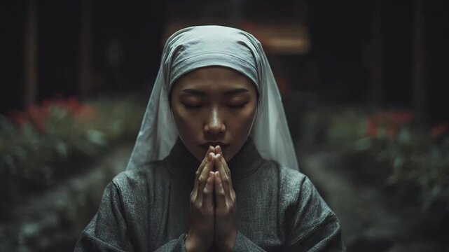 Asian nun praying with closed eyes in temple