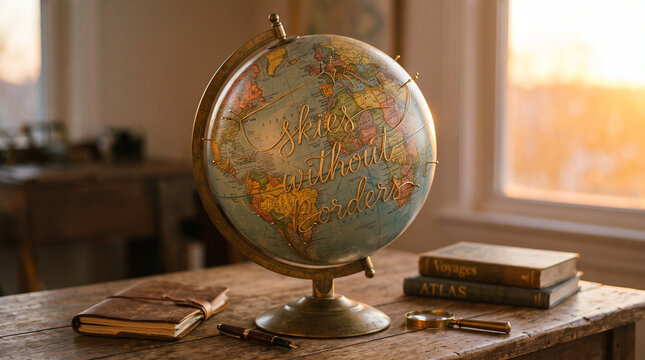 A vintage globe with pins and thread on a wooden desk with books with decorative globe featuring books magnifying glass string sits rustic international exploration