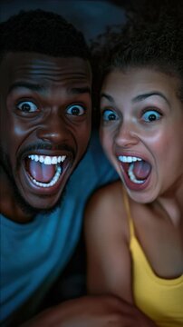 Diverse couple with exaggerated expressions of shock and surprise
