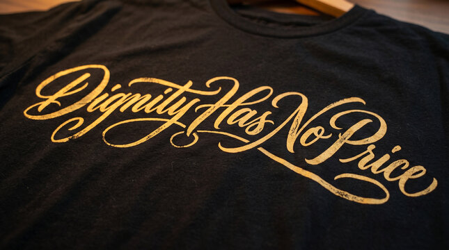 A black cotton t shirt featuring elegant gold script text printed across the front chest area with black shirt displays gold lettering motivational phrase printed stylish script font