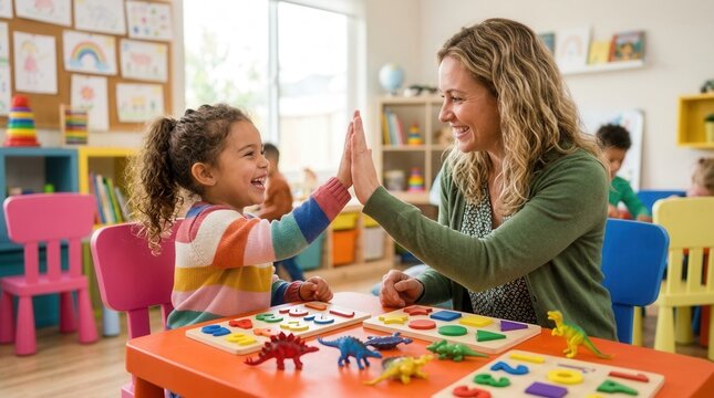 Teacher and adorable hispanic girl celebrating with a high five during a maths puzzle game at kindergarten