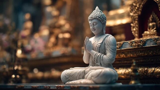 White Buddha statue meditating in golden temple setting