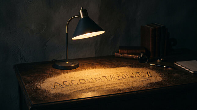 A desk lamp illuminates the word accountability written in sand on a dark wooden table with accountability spelled out casts warm light responsibility communication