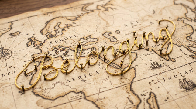 The word belonging is spelled out with gold thread and pins on a vintage map with belonging across surface old antique parchment metal pins form cartography exploration