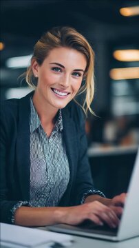 Smiling Professional Woman Working on Laptop in Office