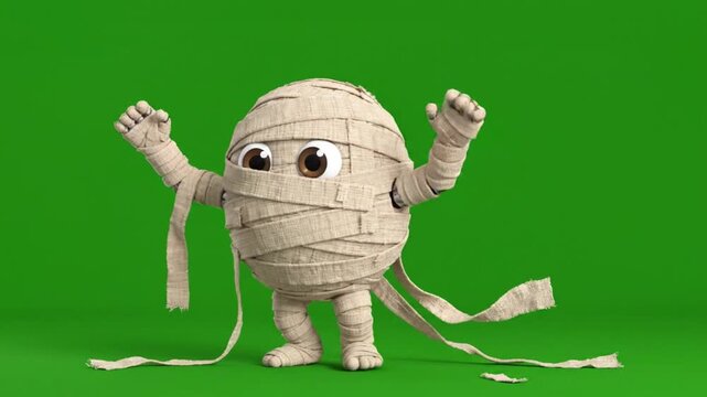 Cute 3D cartoon mummy character dancing on green screen background.
