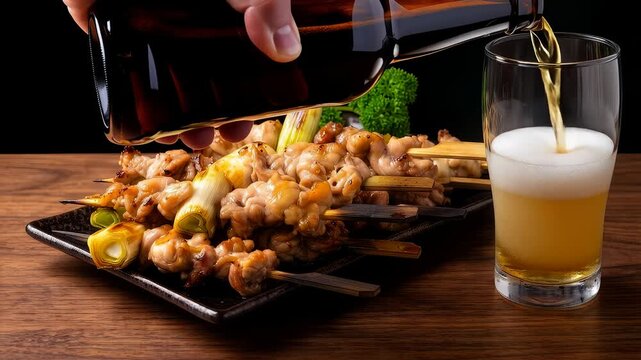 居酒屋で楽しむ熱々焼き鳥と冷たいビールを注ぐ