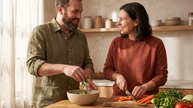 Flatmates prepare a vegetable meal together in a shared kitchen