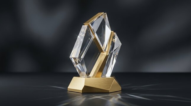 Abstract Crystal Award: An elegant crystal award with a gold base sits on a dark surface, its geometric facets catching and reflecting light, symbolizing achievement and distinction.
