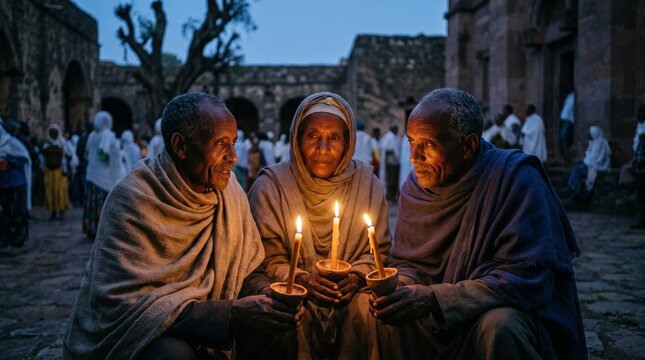 Three participants at an Ethiopian Meskel candle gathering