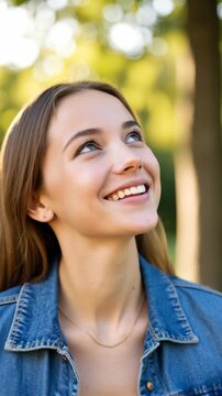 Portrait of a smiling young woman looking up outdoors in a park