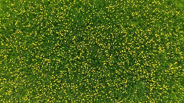Yellow dandelion flowers on lush green grass aerial top down view texture for spring nature background wallpaper banner