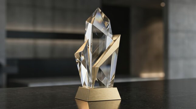 Abstract Crystal Trophy: A modern, multifaceted crystal trophy with gold accents stands elegantly on a dark surface, symbolizing achievement and prestige.