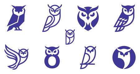 Fototapeta premium Collection of various owl logo designs and animal icons in a simple purple minimalist graphic style