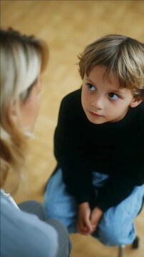 Young blonde boy listening attentively to a woman