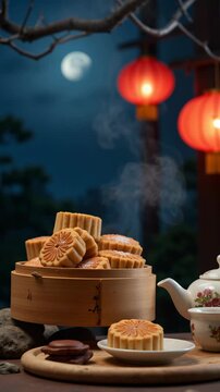 Chinese Mooncakes and Tea Set with Lanterns under Full Moon