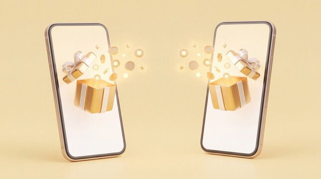 3D rendering of two smartphone mockups exchanging gold gift boxes and coins