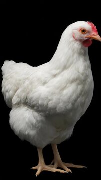 Profile of a white hen against a black background