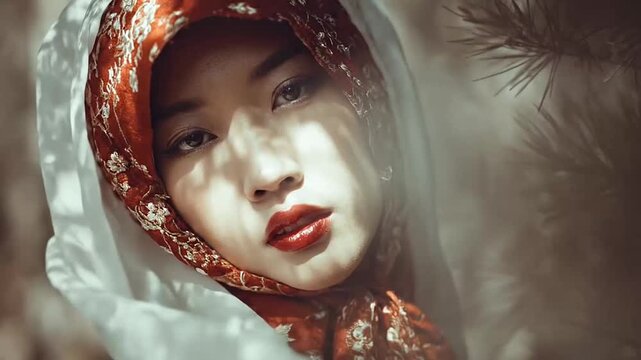 Portrait of woman wearing red patterned hijab outdoors.