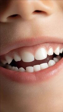 Extreme Close-up of a Child's Mouth with White Milk Teeth