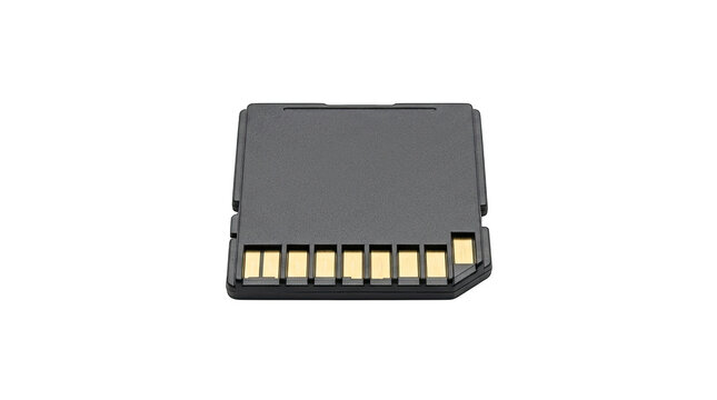 Horizontal view of standard black memory card showing gold connectors for electronic data storage.