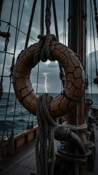 Close-up of a wooden lifebuoy on a sailing ship during a lightning storm