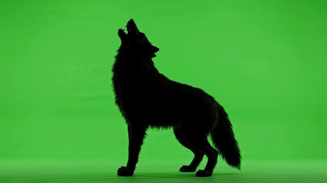 Silhouette of a wolf howling on a green screen background.
