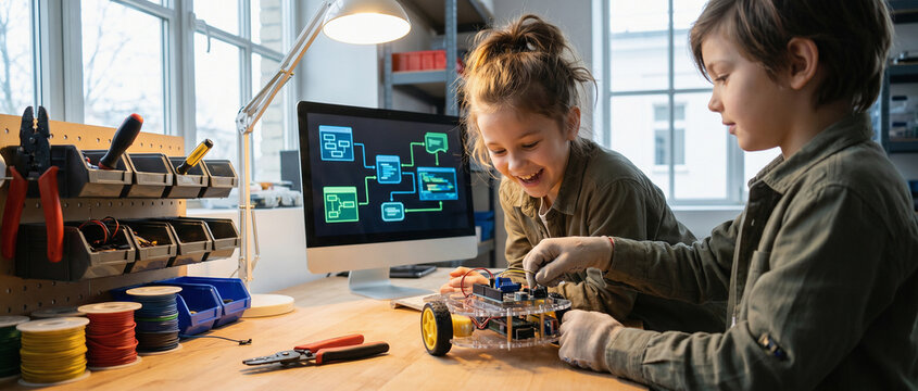 Kids Building an Educational Robot Kit in a Bright Makerspace