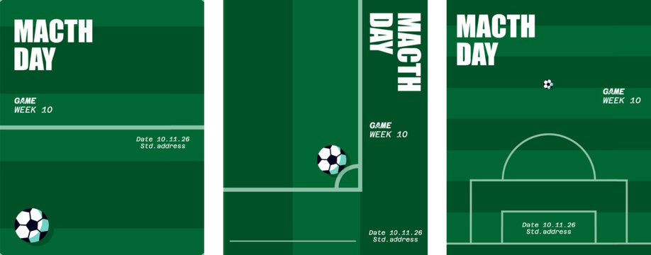 Green soccer football tournament poster template set featuring pitch grid layouts for matchday announcement