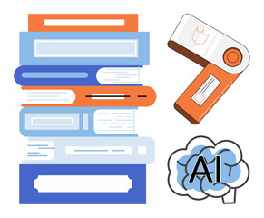 Fototapeta premium Stack of books with a brain icon and digital device vector illustration. Education, machine learning, knowledge, research, technology, data analysis. Pile of literature and smart tech