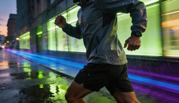 Runner charging through neon-lit rain on a reflective city street