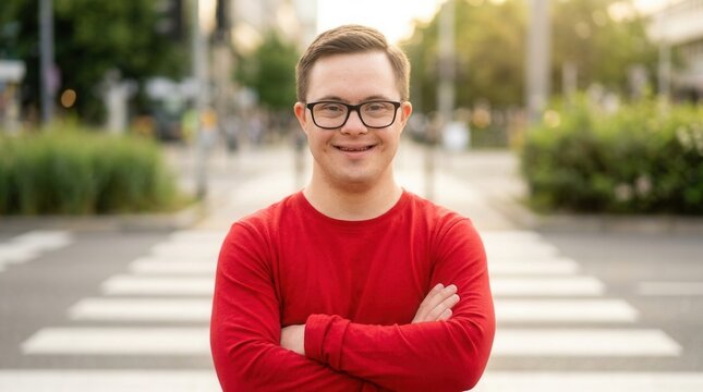 Smiling man with Down syndrome standing with arms crossed gesture on the street with confidence