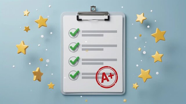 Clipboard holds checklist with green ticks and A+ mark