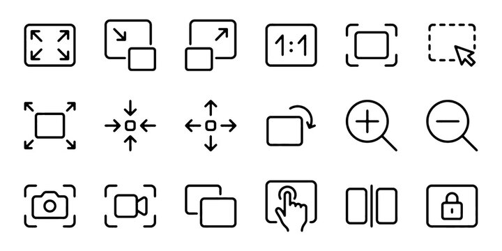 Screen Line Icon Set. Resize, Zoom, Fullscreen, Screenshot, Lock, Select Area and Scale Display Minimal Vector Illustration. 