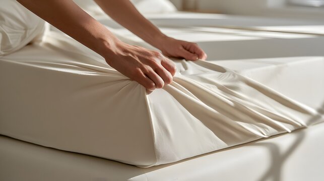 Hands tucking white bedsheet around mattress while making bed.