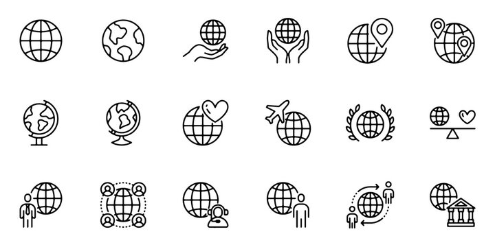 Globe Line Icon Set. Global Travel, World Map, Location & Business Vector Illustration.