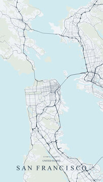 Minimalist light blue and slate street map of San Francisco, California, highlighting the San Francisco Peninsula, Bay Area waters, Golden Gate Bridge, Bay Bridge, highway networks, and geographic coo