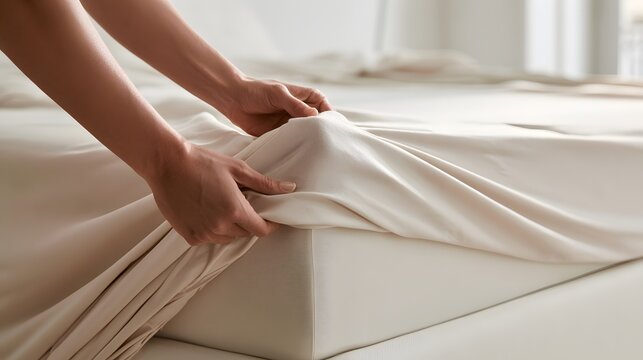 Hands tucking white bedsheet around mattress while making bed.