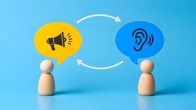 Two-way communication and active listening concept featuring wooden figures with megaphone and ear icons in speech bubbles exchanging information