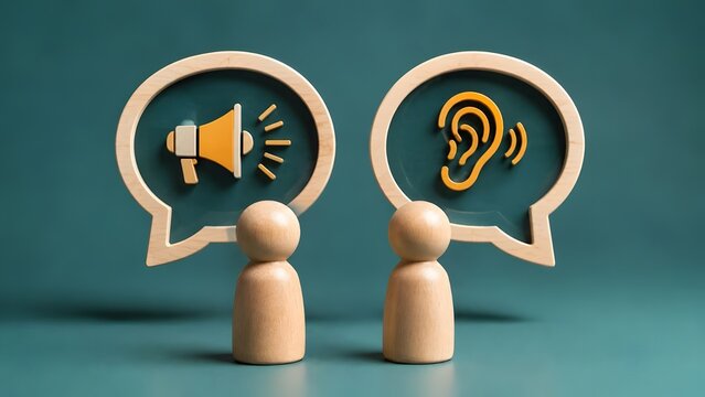 Corporate communication strategy concept with wooden figures displaying megaphone and ear icons inside glass speech bubbles for active listening