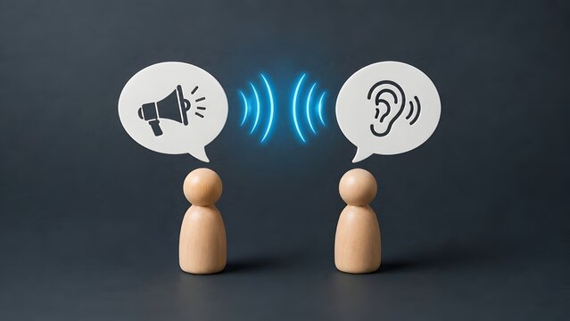Effective digital communication and clear audio transmission concept featuring wooden figures with megaphone and ear icons connected by glowing sound waves