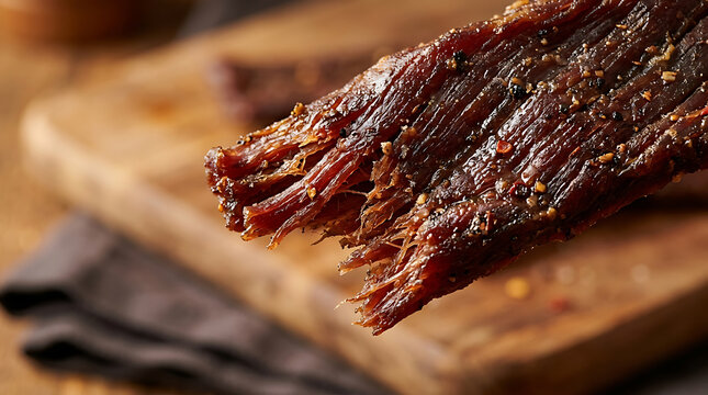 Savory beef jerky strips seasoned with spices on a rustic wooden cutting board appetizer delicious homemade lighting
