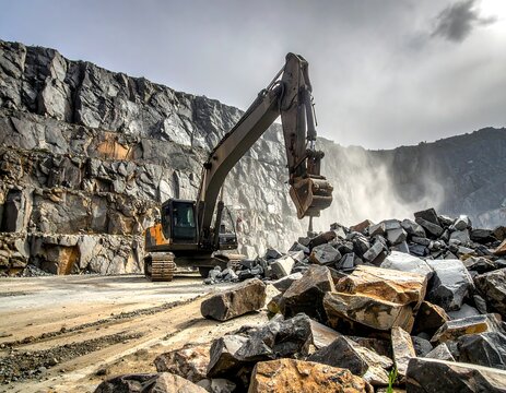 Large excavator operating in a rocky stone quarry with dust and debris. Ideal for heavy industry, mining, and civil engineering projects.