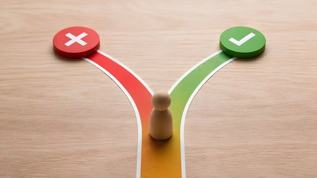 Ethical choice and decision making concept with a wooden figure at a split path leading to red cross or green checkmark