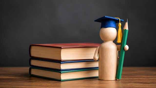 One wooden figure in graduation cap holding a large green pencil standing next to a stack of three books