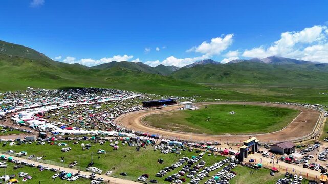Aerial View of Horse Racing Festival on Tibetan Grassland in China