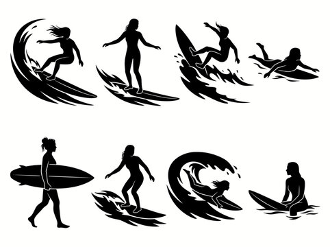 Female surfer silhouette collection